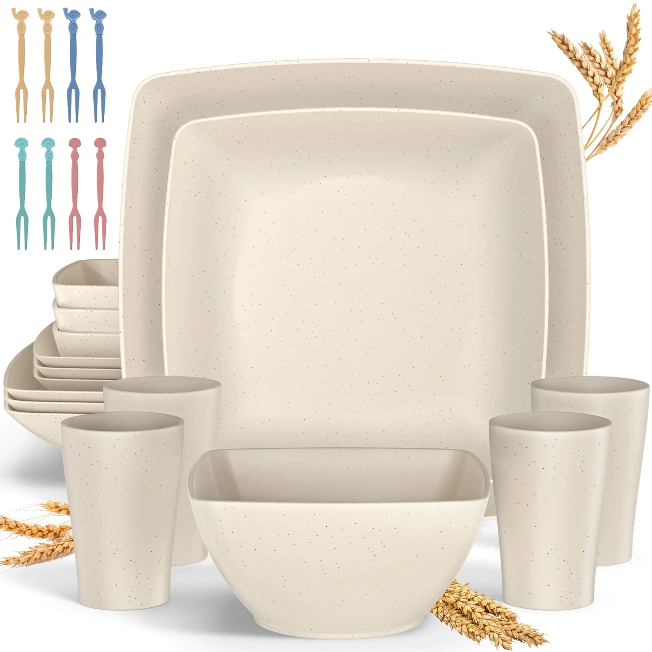 Wheat Straw Square Dinnerware Set, 24 Pieces for 4, Beige (2-Pack)